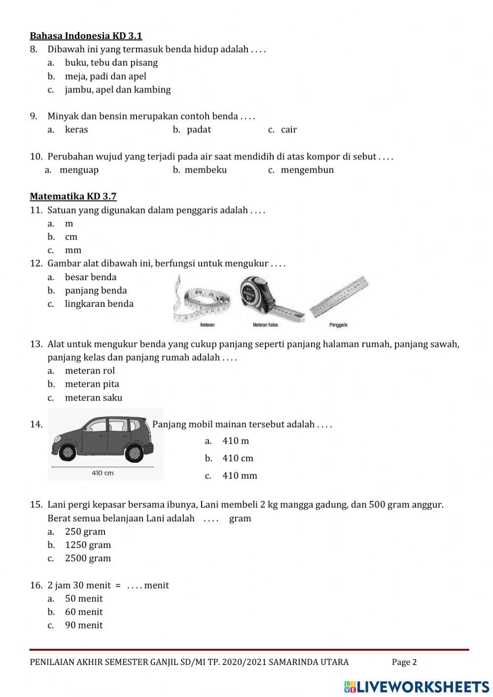 Penilaian Akhir Semester I Kelas 3 Tema 3