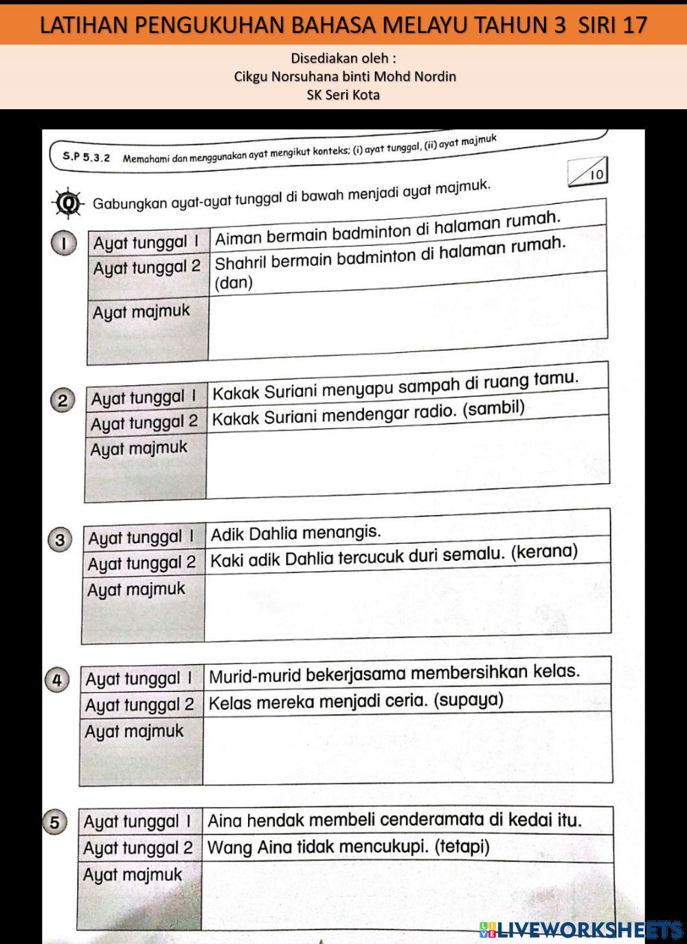 Latihan pengukuhan bm tahun 3 siri 17 (ayat majmuk)