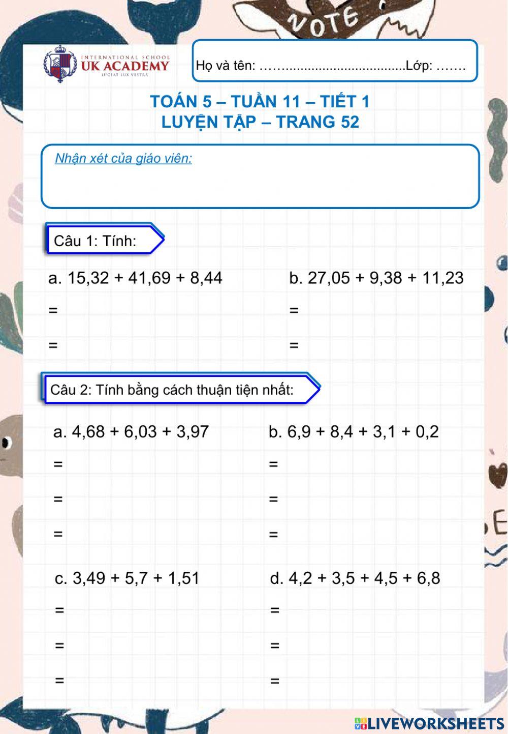 Toán 5 - Luyện tập trang 52