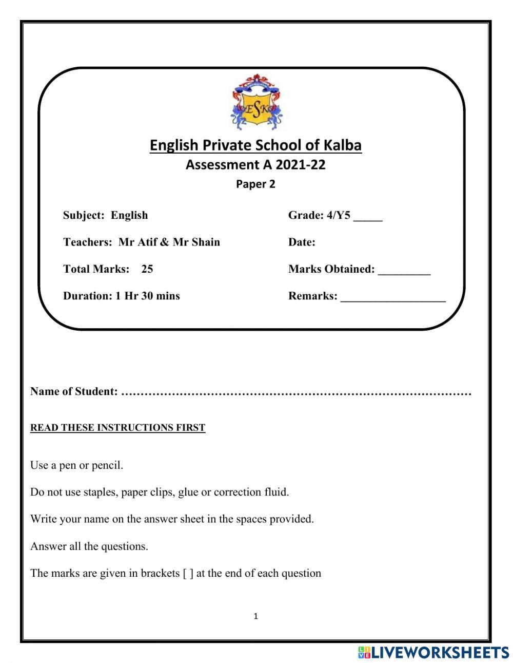 English Assessment A Exam