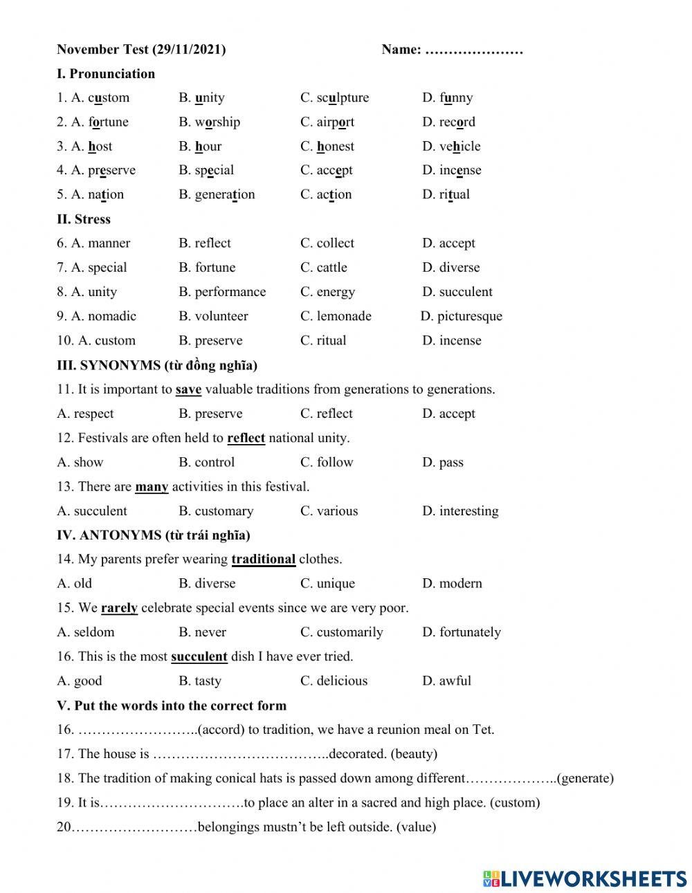 Grade 8- Month Test (unit 4-5)