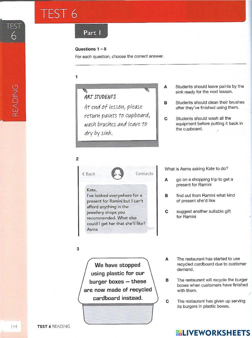 Pet plus b1 reading test 6 online exercise for live worksheets