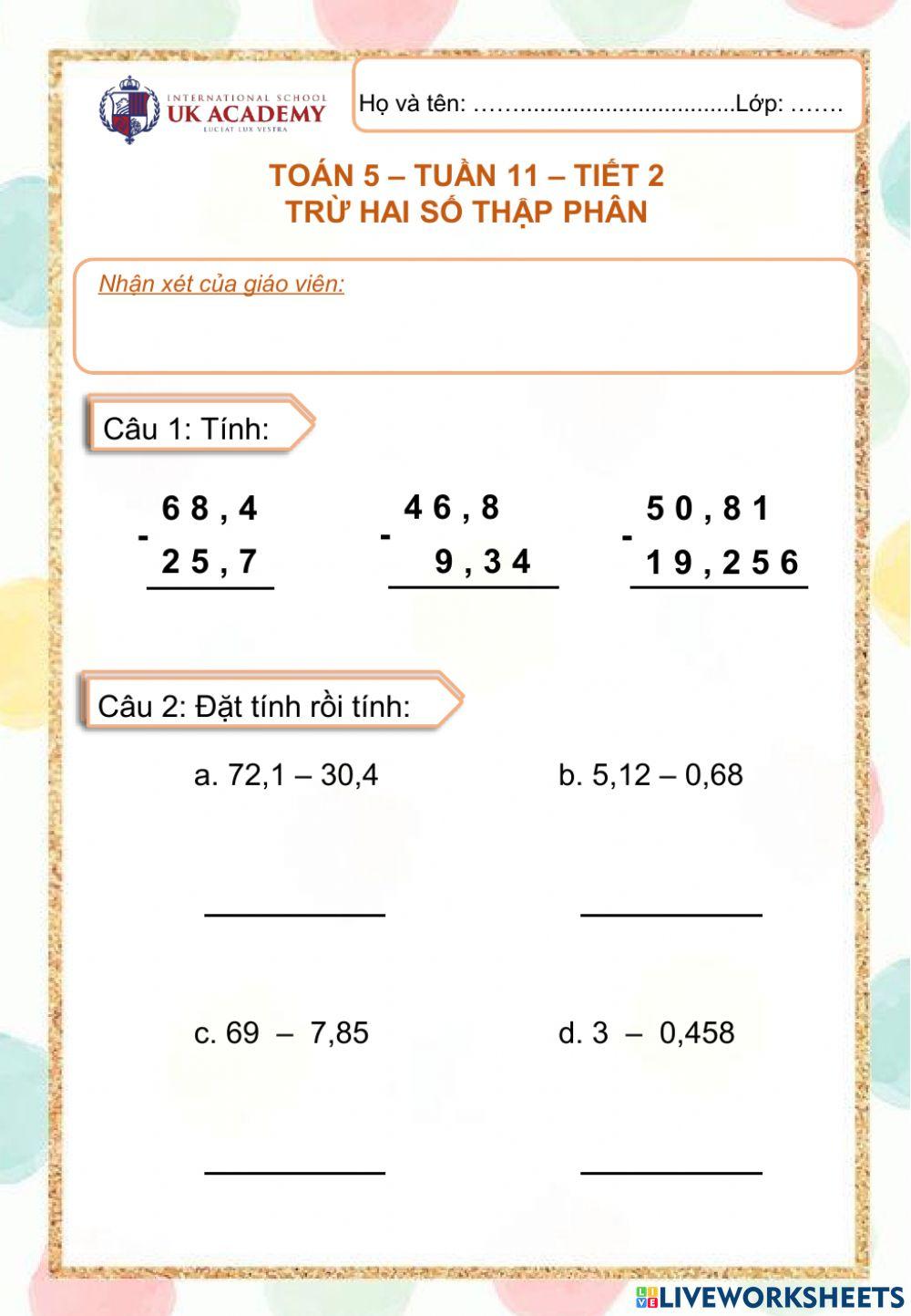 Toán 5 - Trừ hai số thập phân