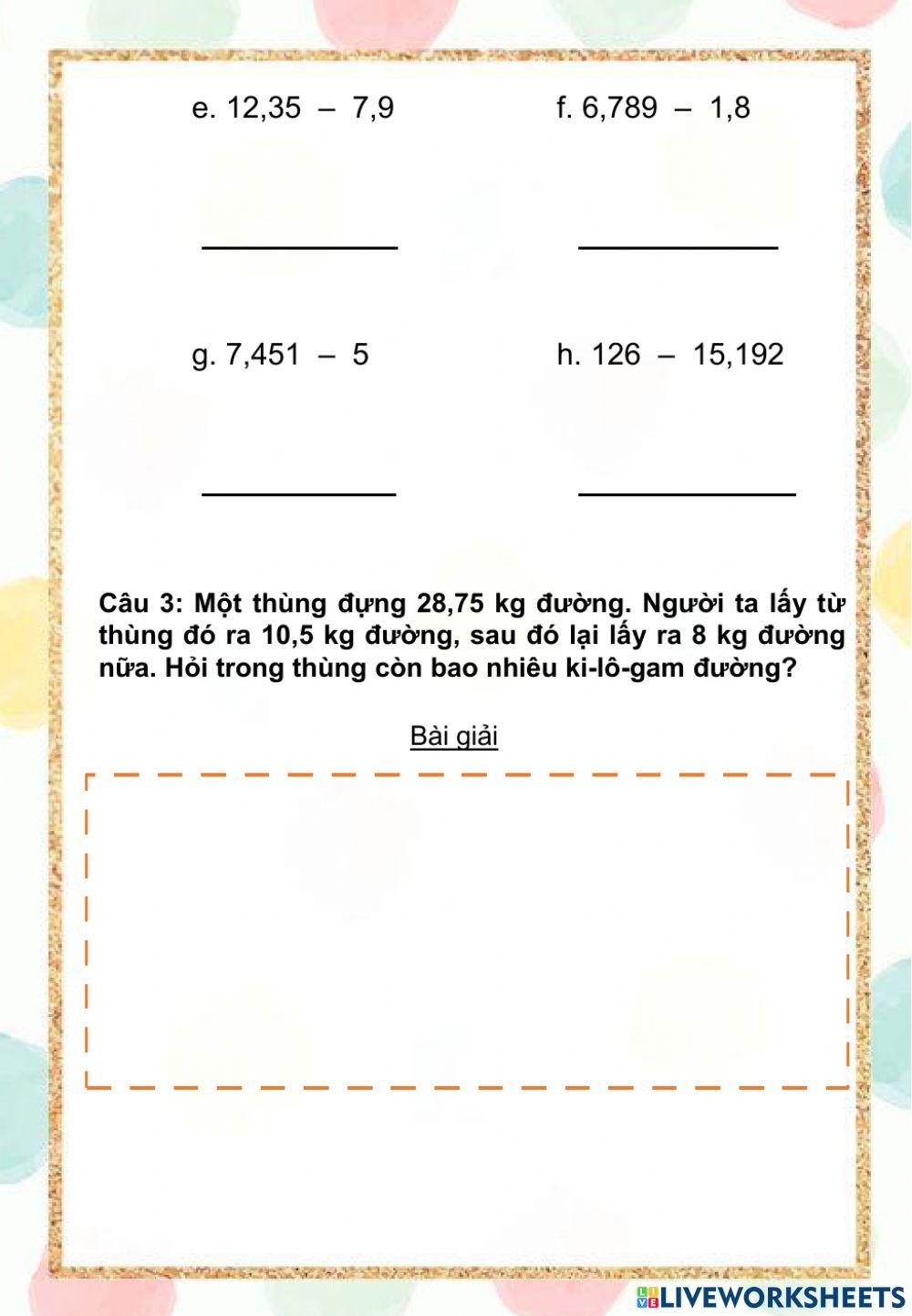 Toán 5 - Trừ hai số thập phân