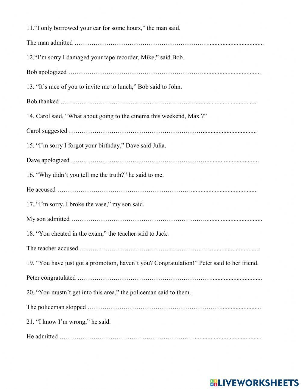 Reported speech with Gerunds 2