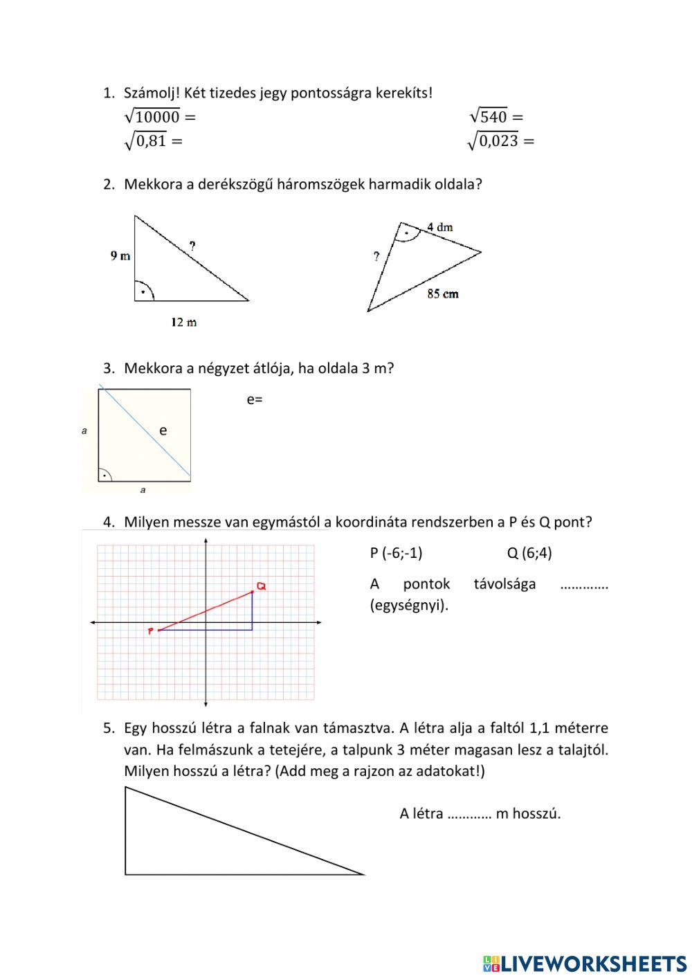 Pitagorasz-tétel (egyszerű feladatok)