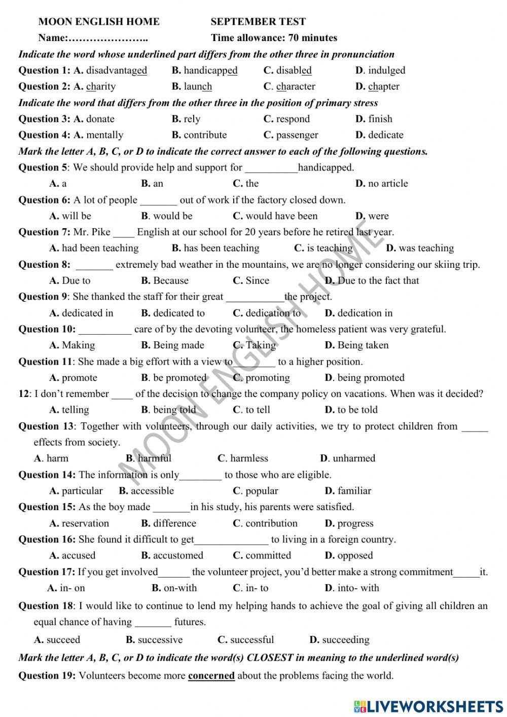 Grade 10- 11 Month Test (Volunteers)