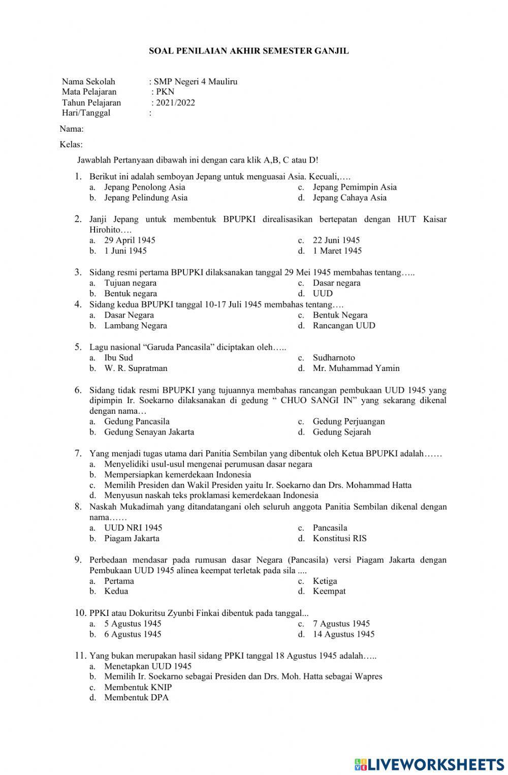 Soal Pas PKN kelas 7