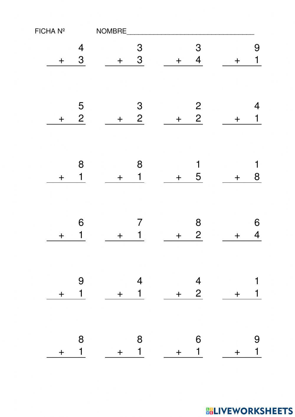 Sumas en vertical 10 primeros números