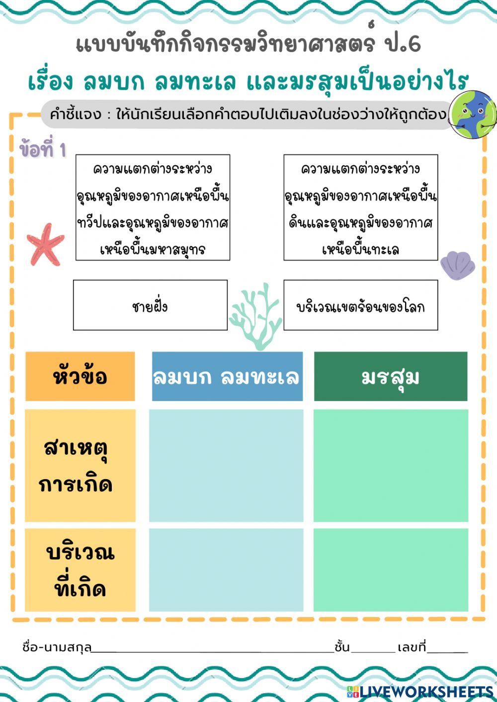 แบบบันทึกกิจกรรมเรื่อง ลมบก ลมทะเล และมรสุมเป็นอย่างไร