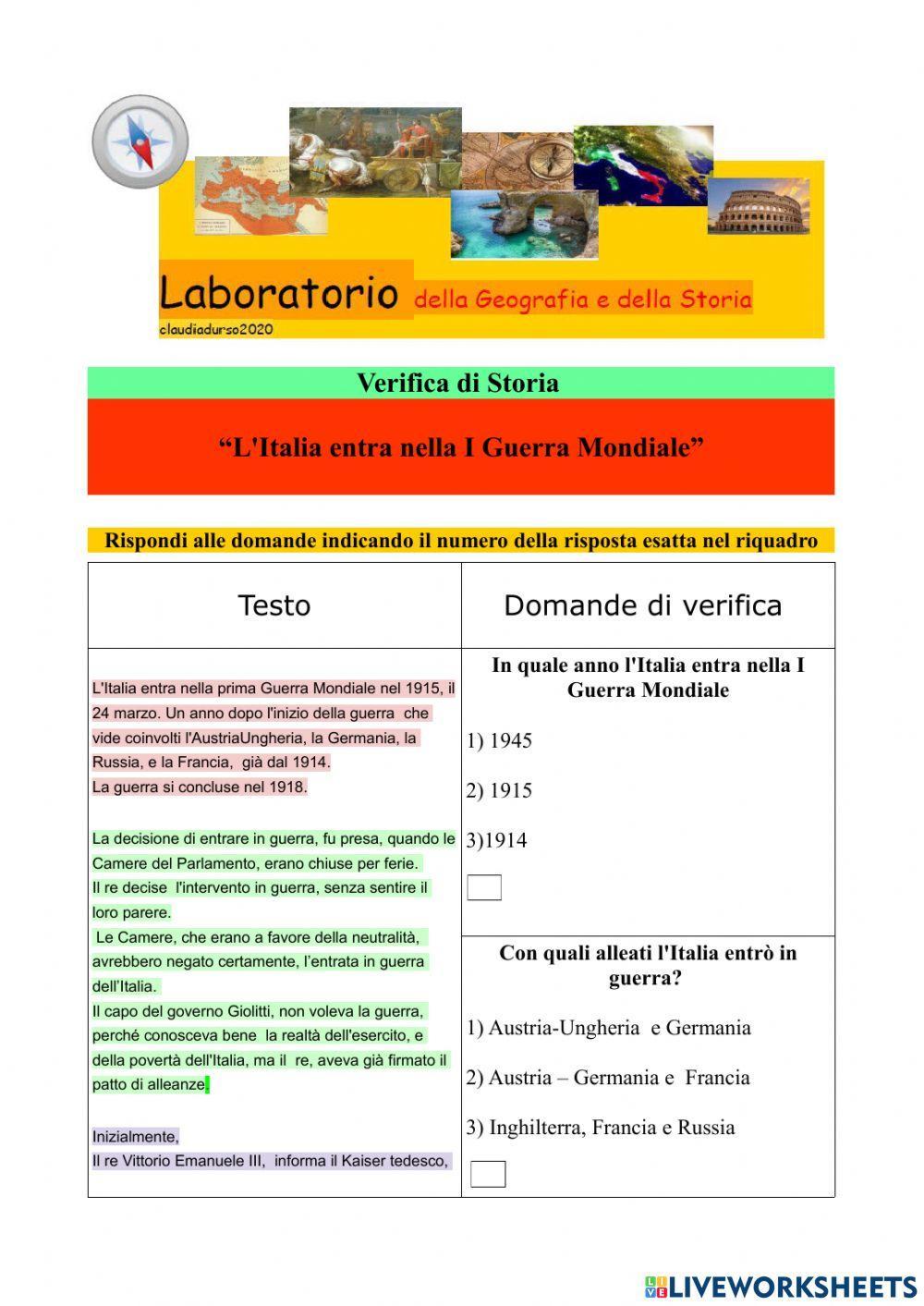 Verifica di storia: L'Italia entra nella Prima Guerra Mondiale 