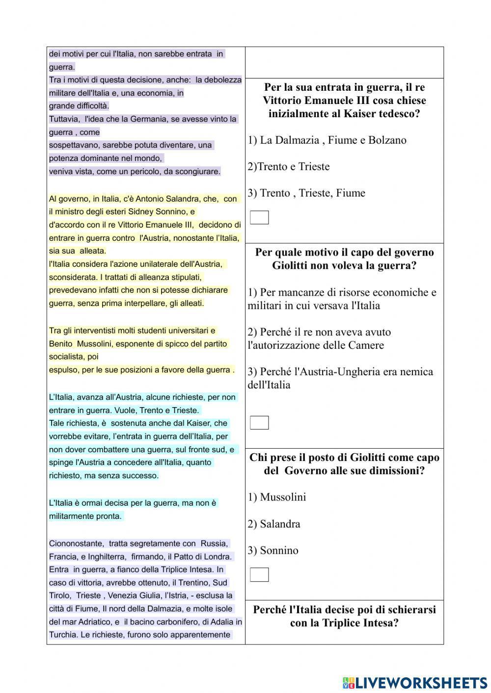 Verifica di storia: L'Italia entra nella Prima Guerra Mondiale 