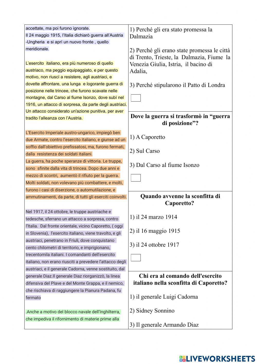 Verifica di storia: L'Italia entra nella Prima Guerra Mondiale 