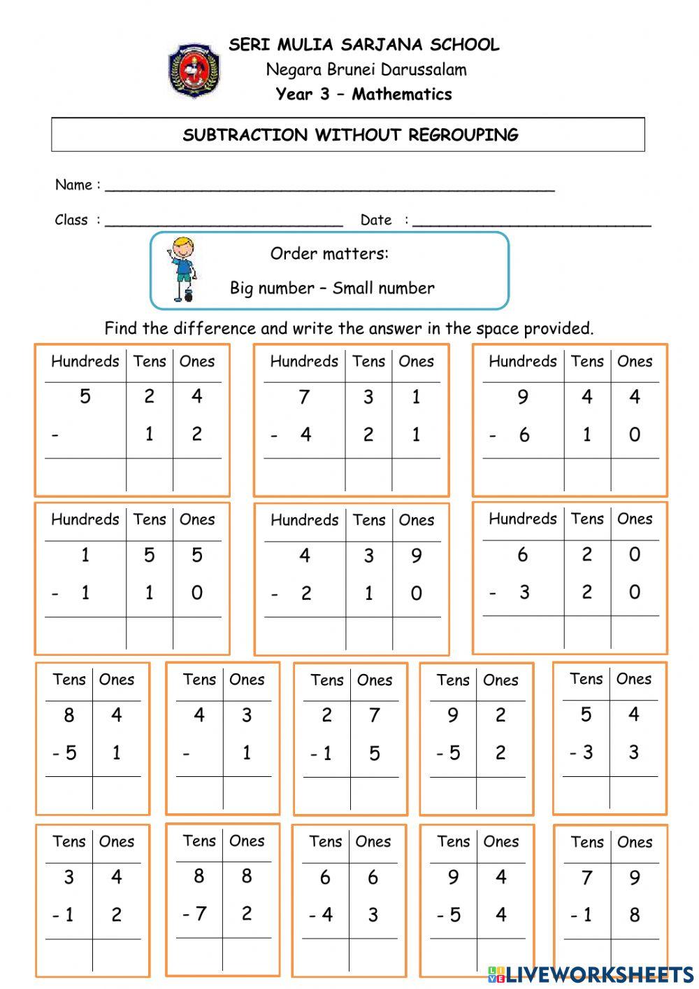 Subtraction without regrouping