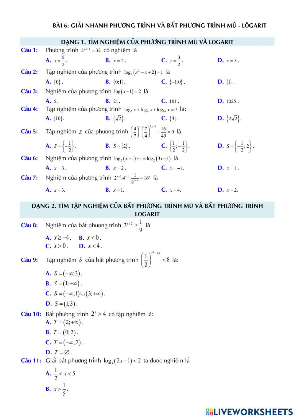 Giải nhanh phương trình và bất phương trình mũ - logarit