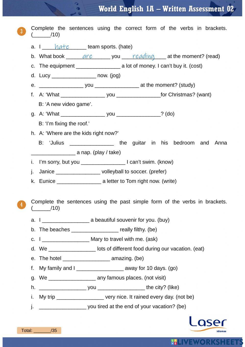 World English 1 - Part A - Evaluation Exercises for Units 4 to 6