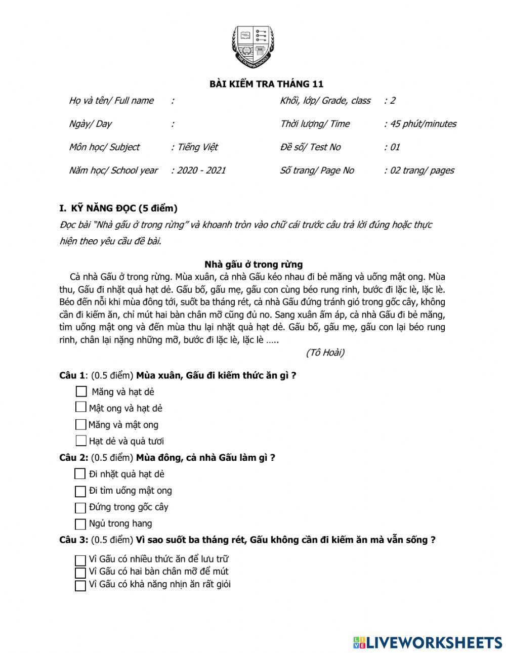 Bài kiểm tra tháng 11