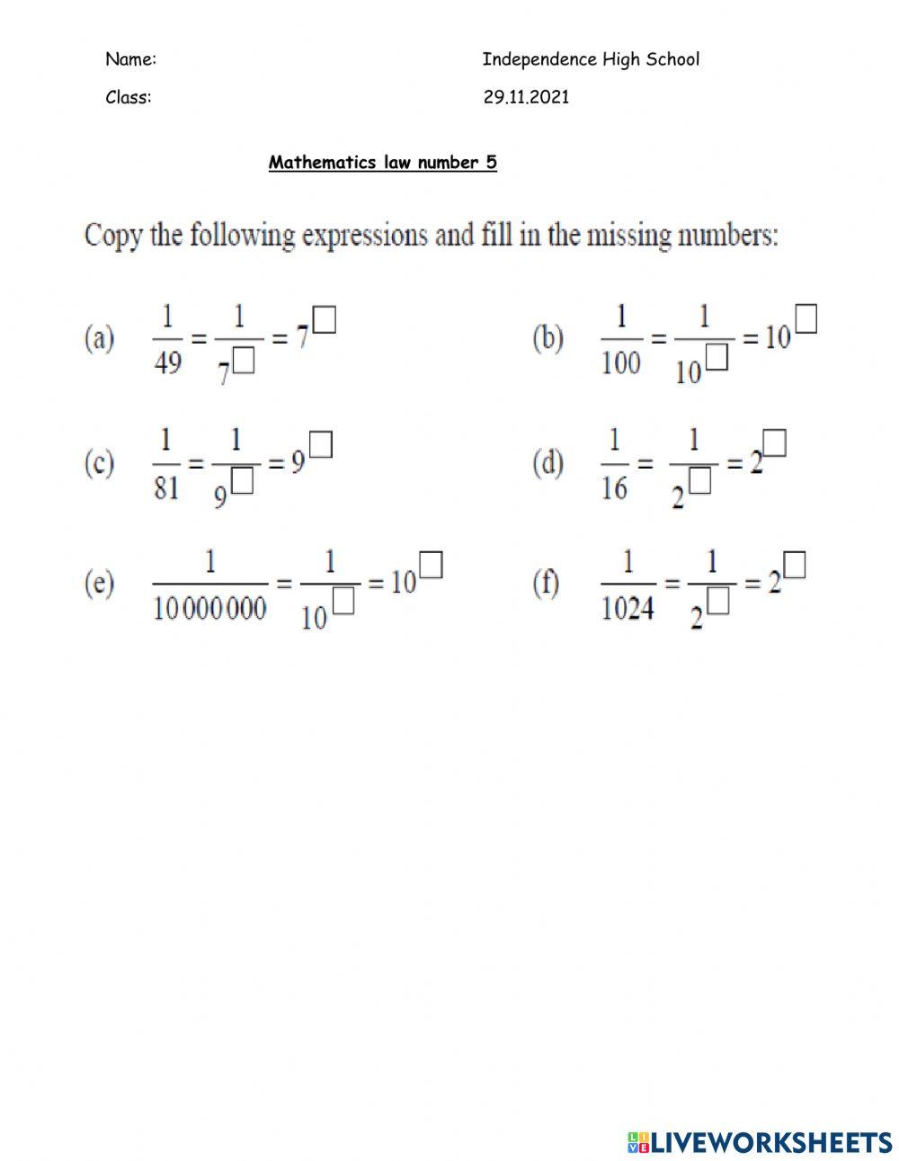 Laws of indices 5 quiz online exercise for Live Worksheets