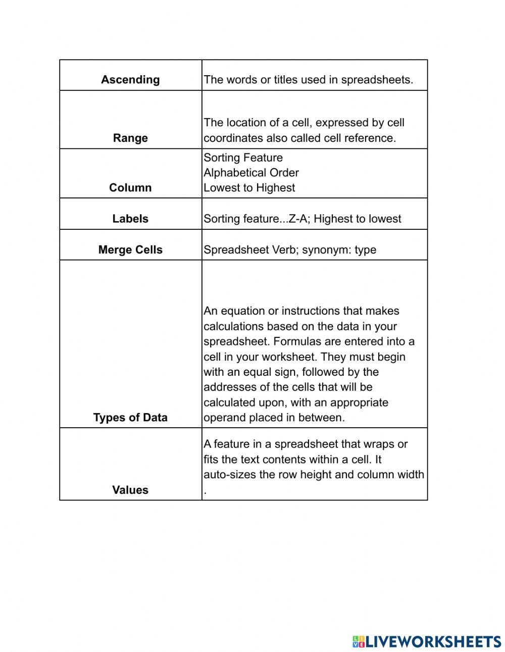 Spreadsheet Vocabulary Matching
