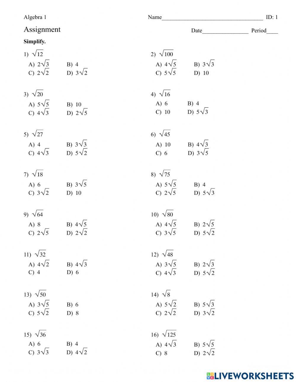 Simplify Radicals activity | Live Worksheets