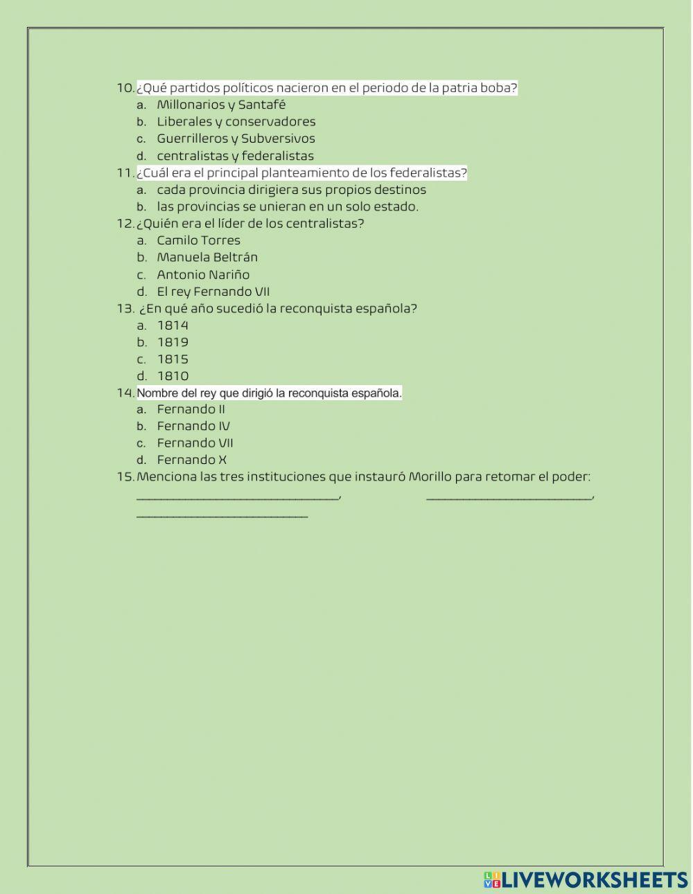 Evaluación historia de colombia
