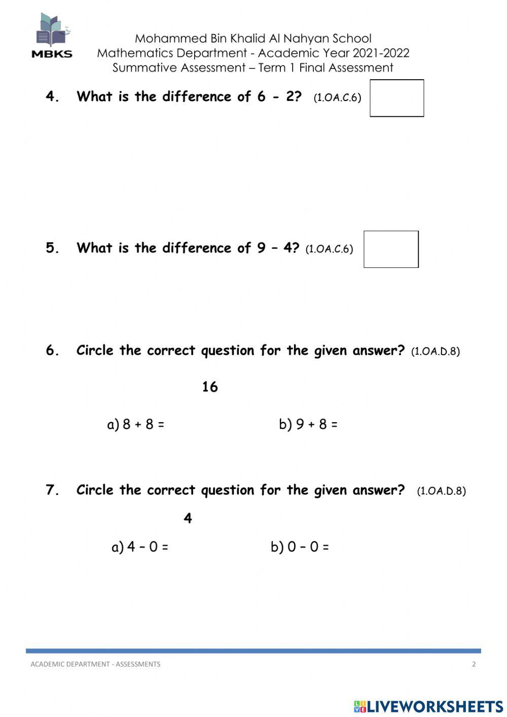 T1 Math final assessment grade 1