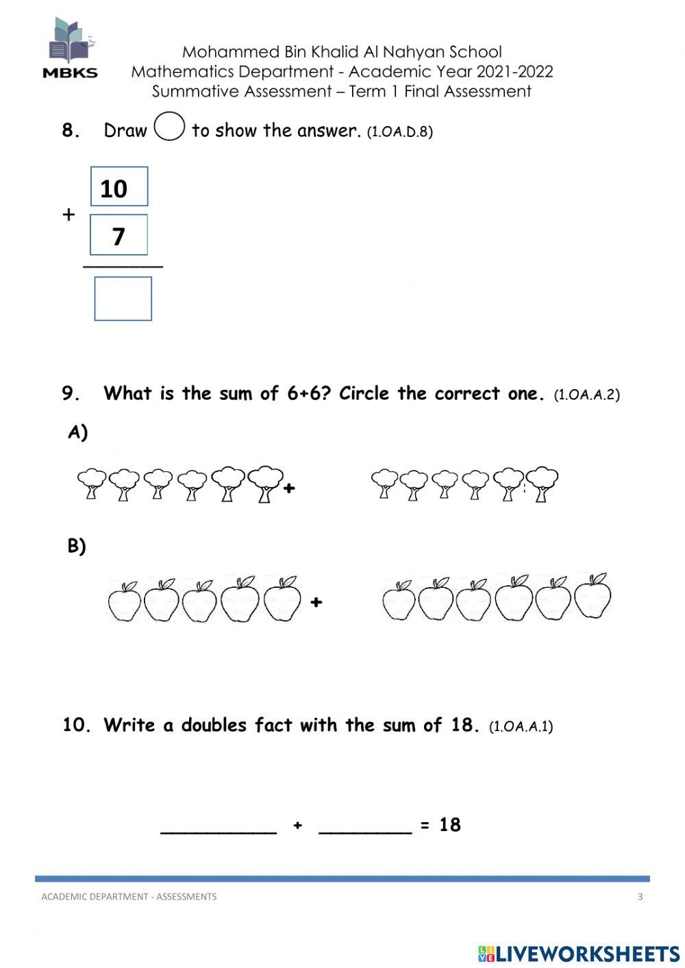 T1 Math final assessment grade 1