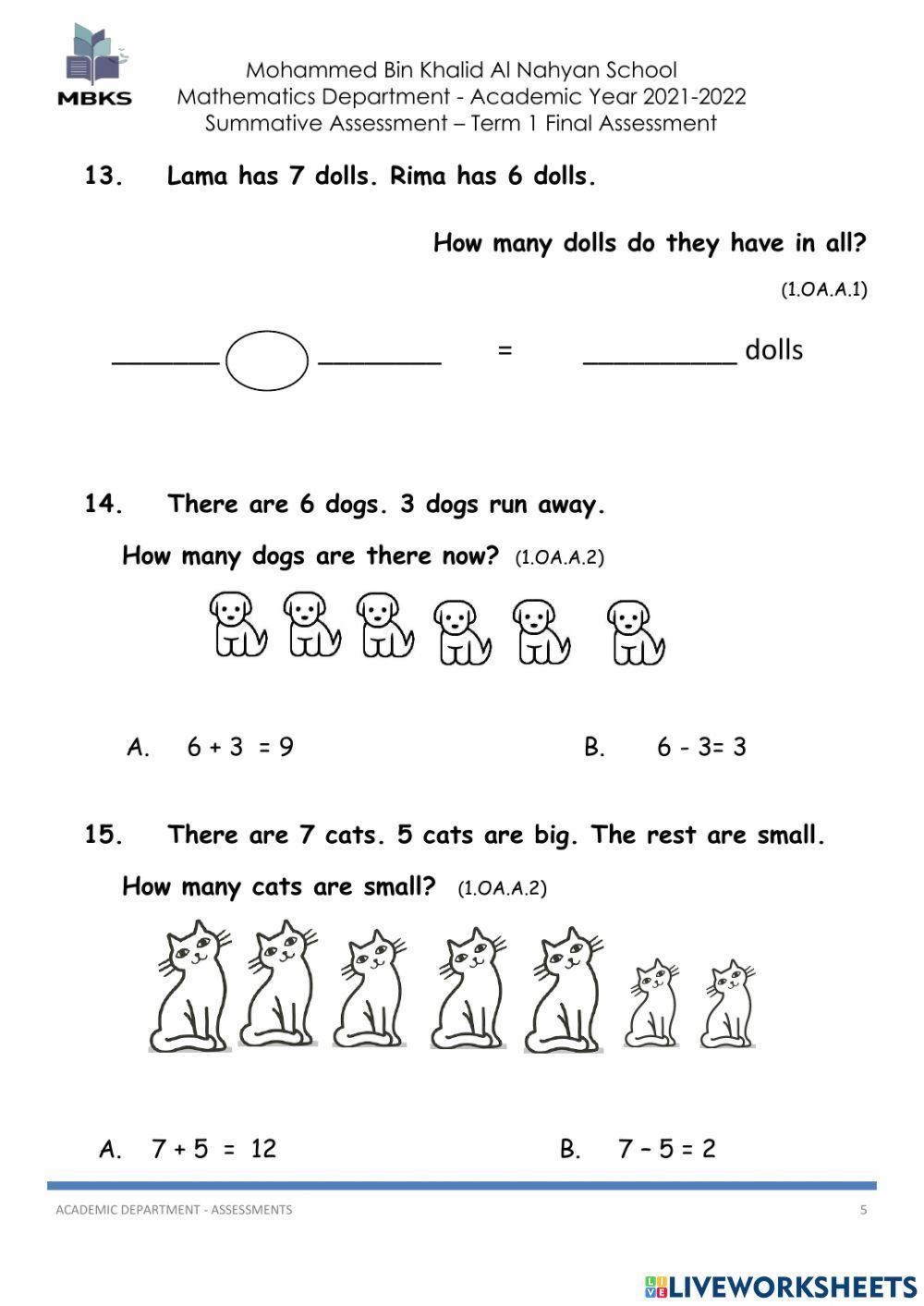 T1 Math final assessment grade 1