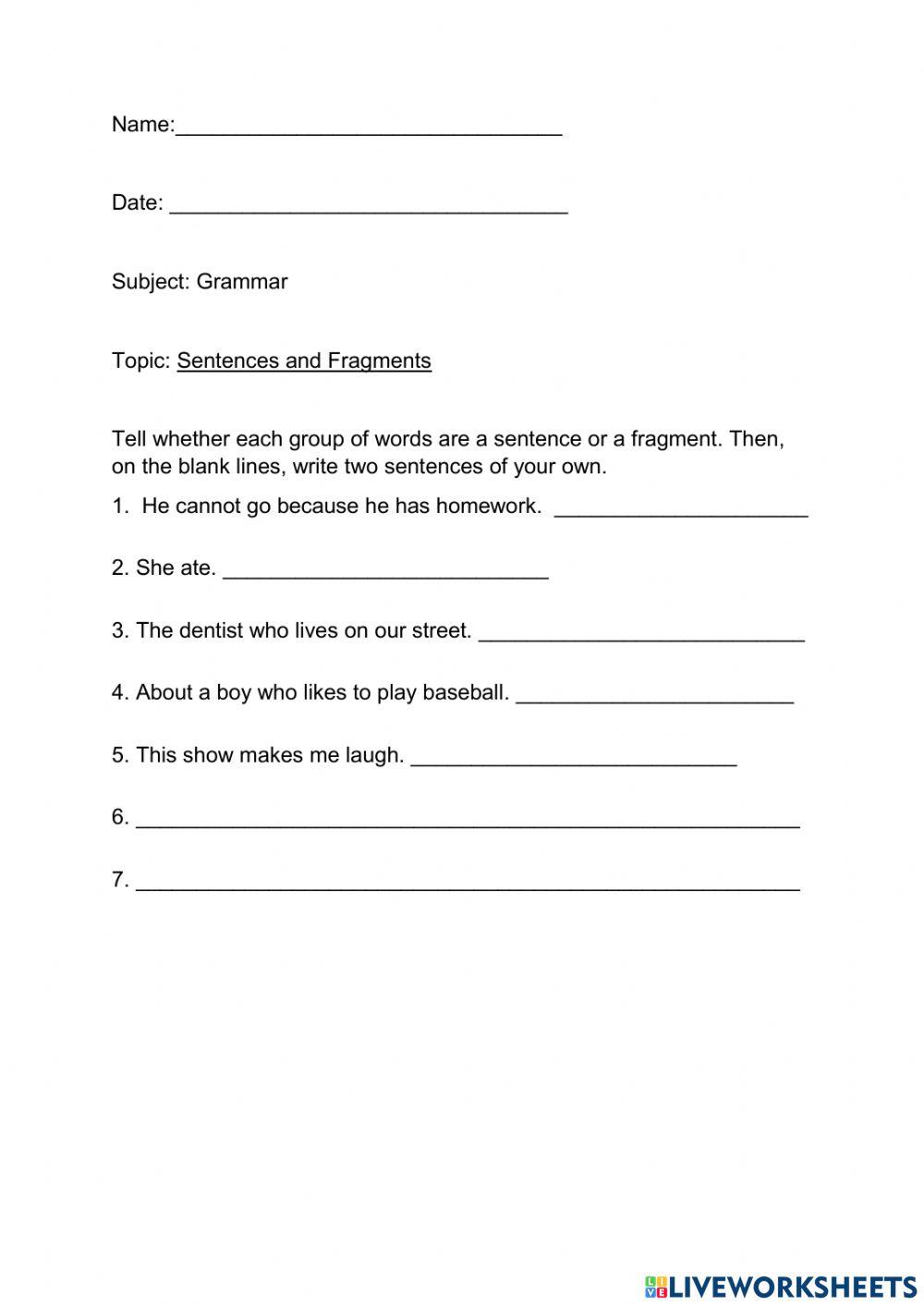 Sentence and fragment worksheet