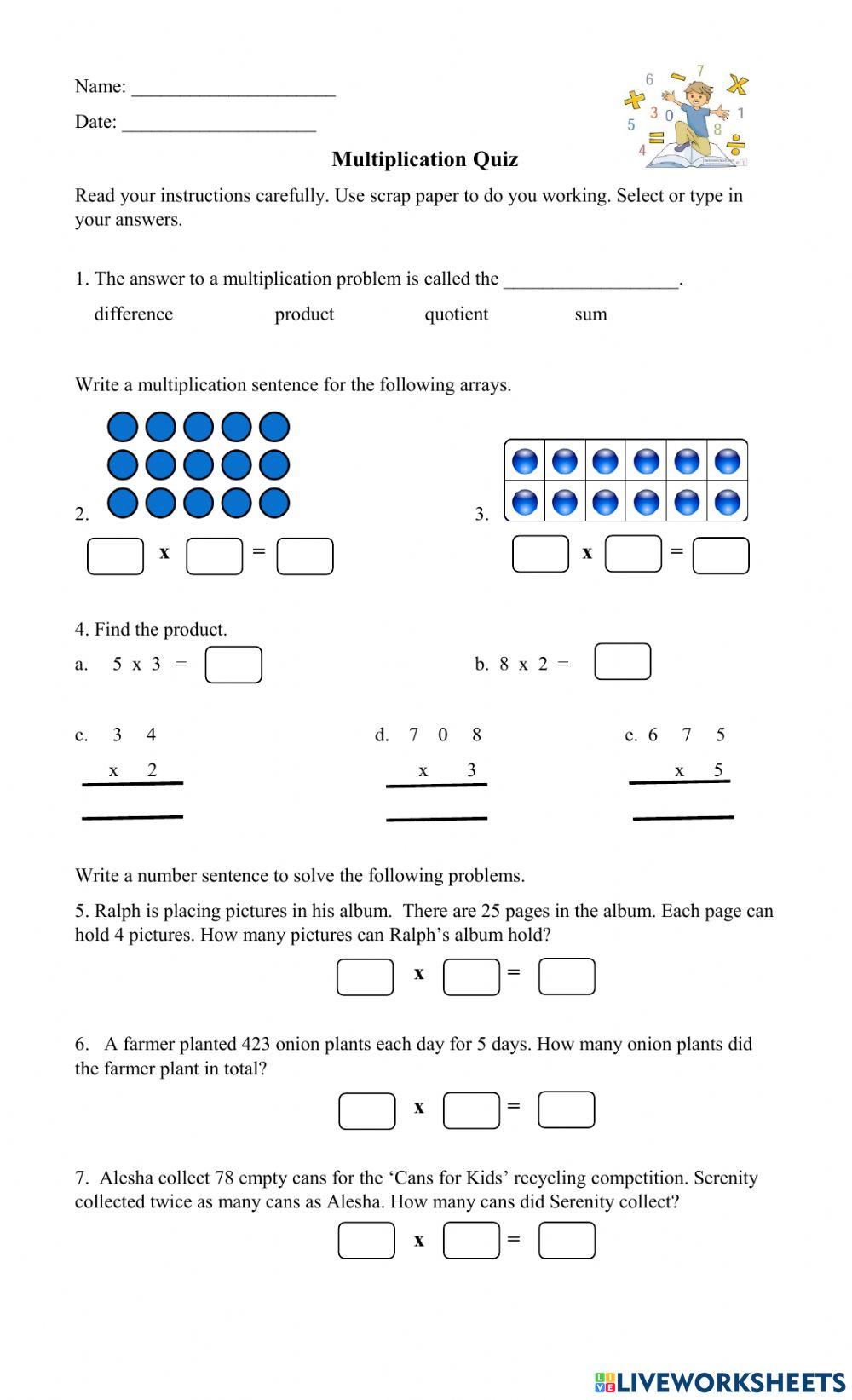 Multiplication Quiz ljohnson34 Live Worksheets