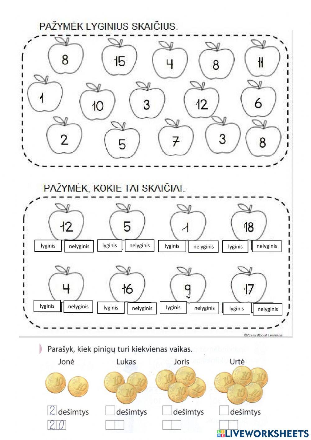 Lyginiai ir nelyginiai skaičiai, dešimtys