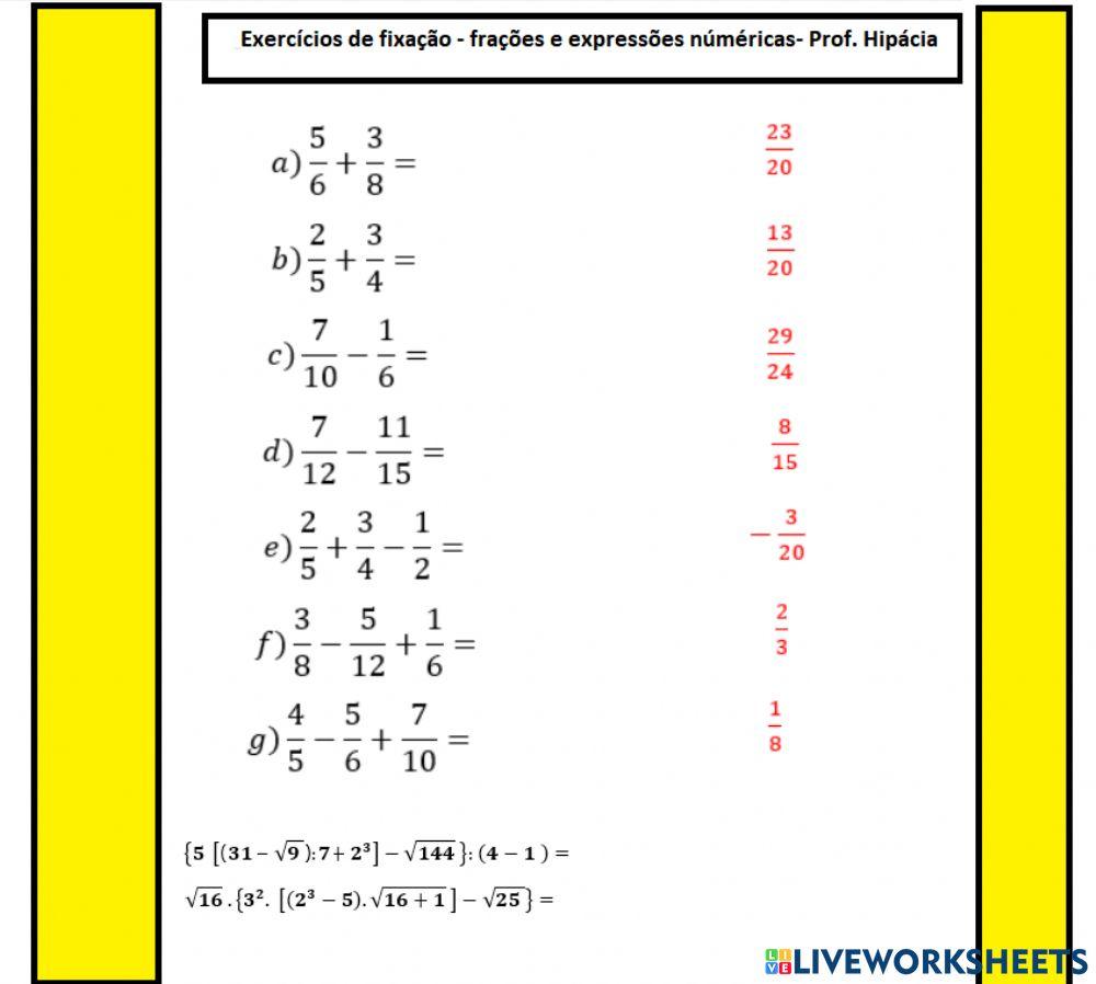 Operações com frações e expressões numéricas com raízes e potências
