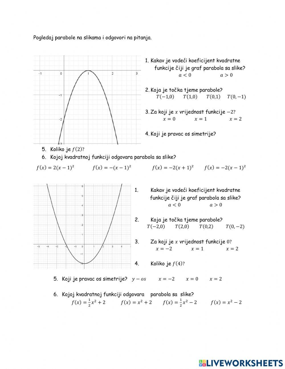 Graf kvadratne funkcije - formativno vrednovanje