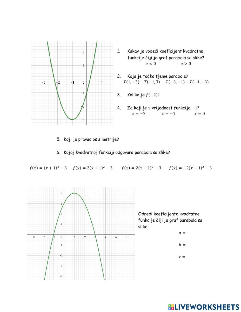 Graf kvadratne funkcije - formativno vrednovanje