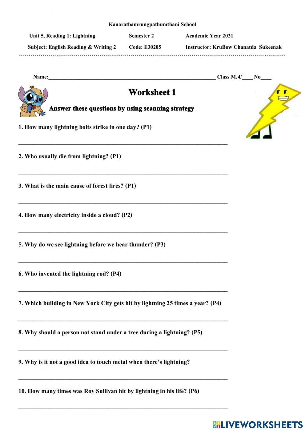 Worksheet 1: Lightning for students