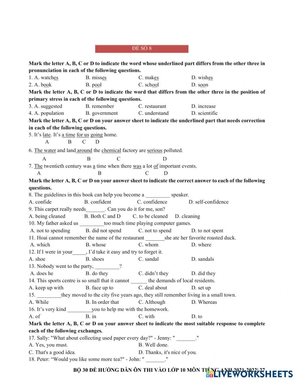 Ôn thi vào 10- đề 8