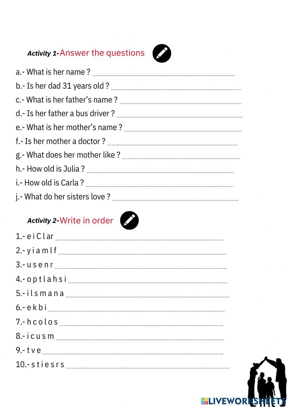 I and my family series worksheet 7