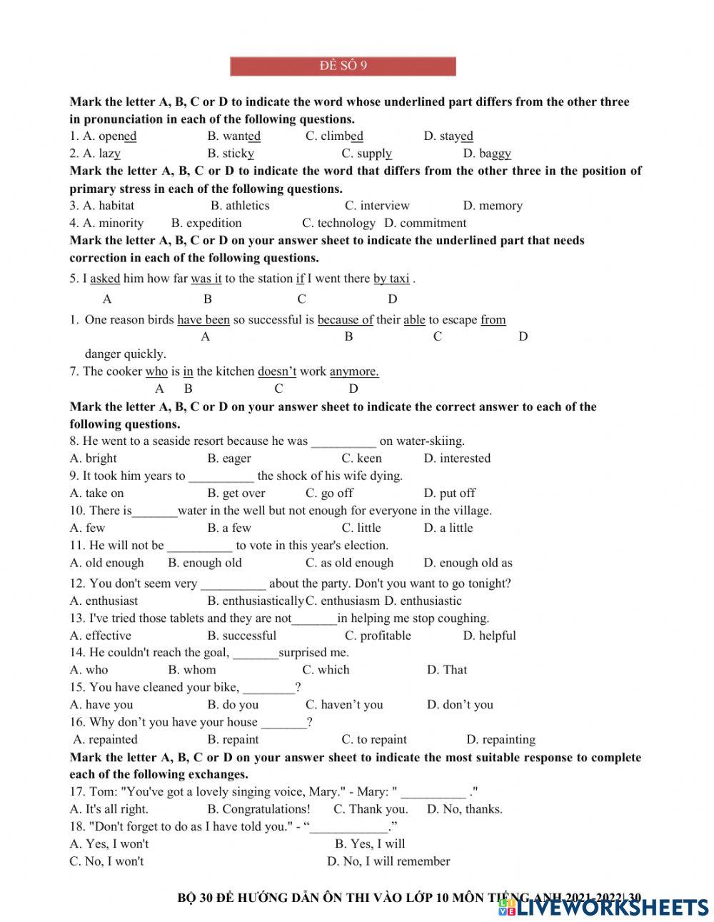 Ôn thi vào 10 - đề 9