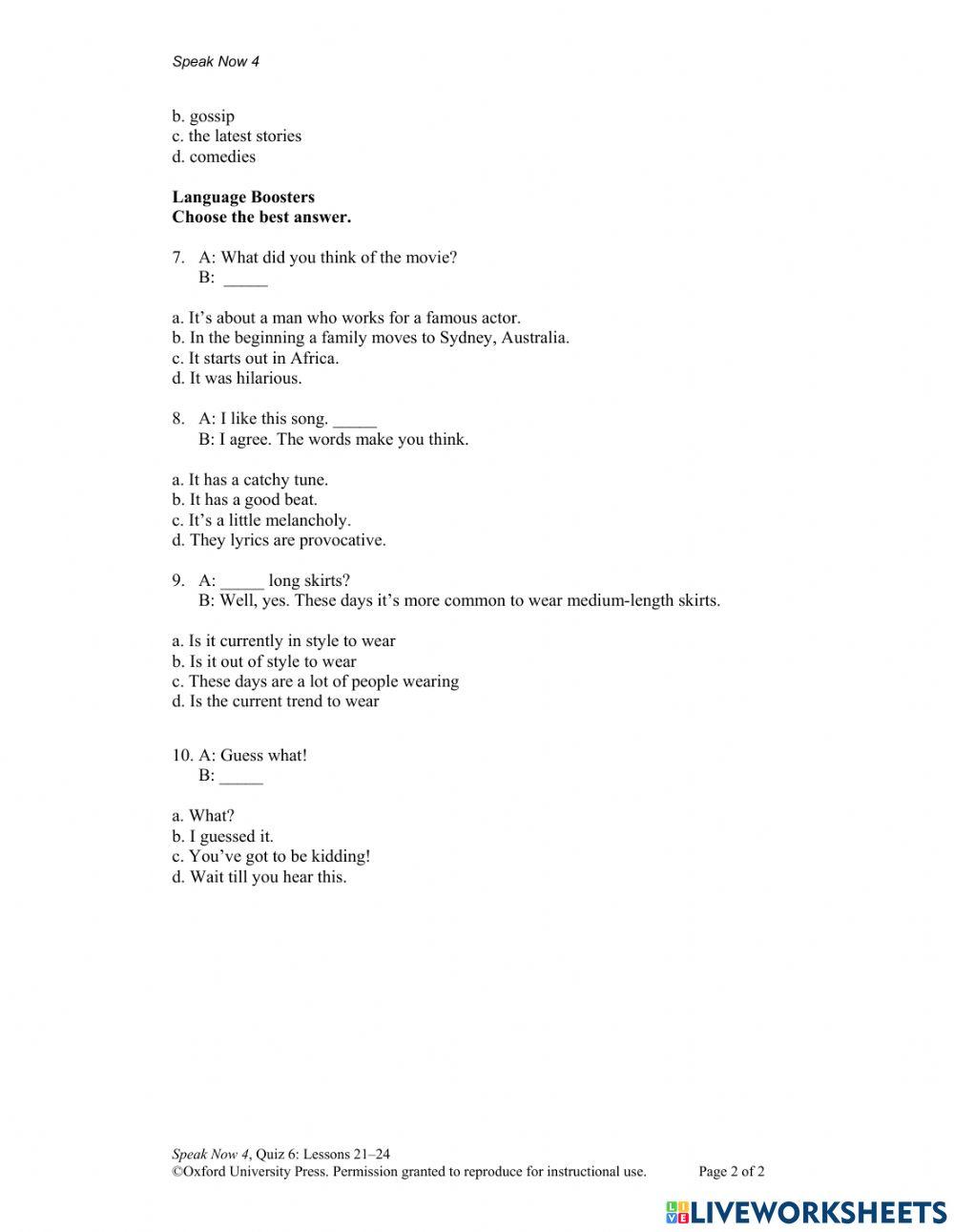 Quiz 6 Lessons 2124 Speak Now 4 online exercise for Live Worksheets
