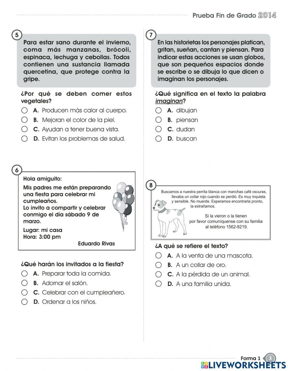 Pruebas de fin de grado -español-tercer grado