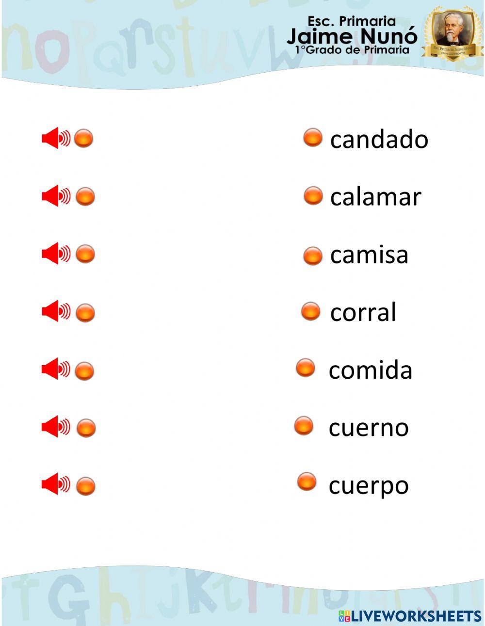 Une el audio con la palabra correcta Silaba Ca, Co y Cu