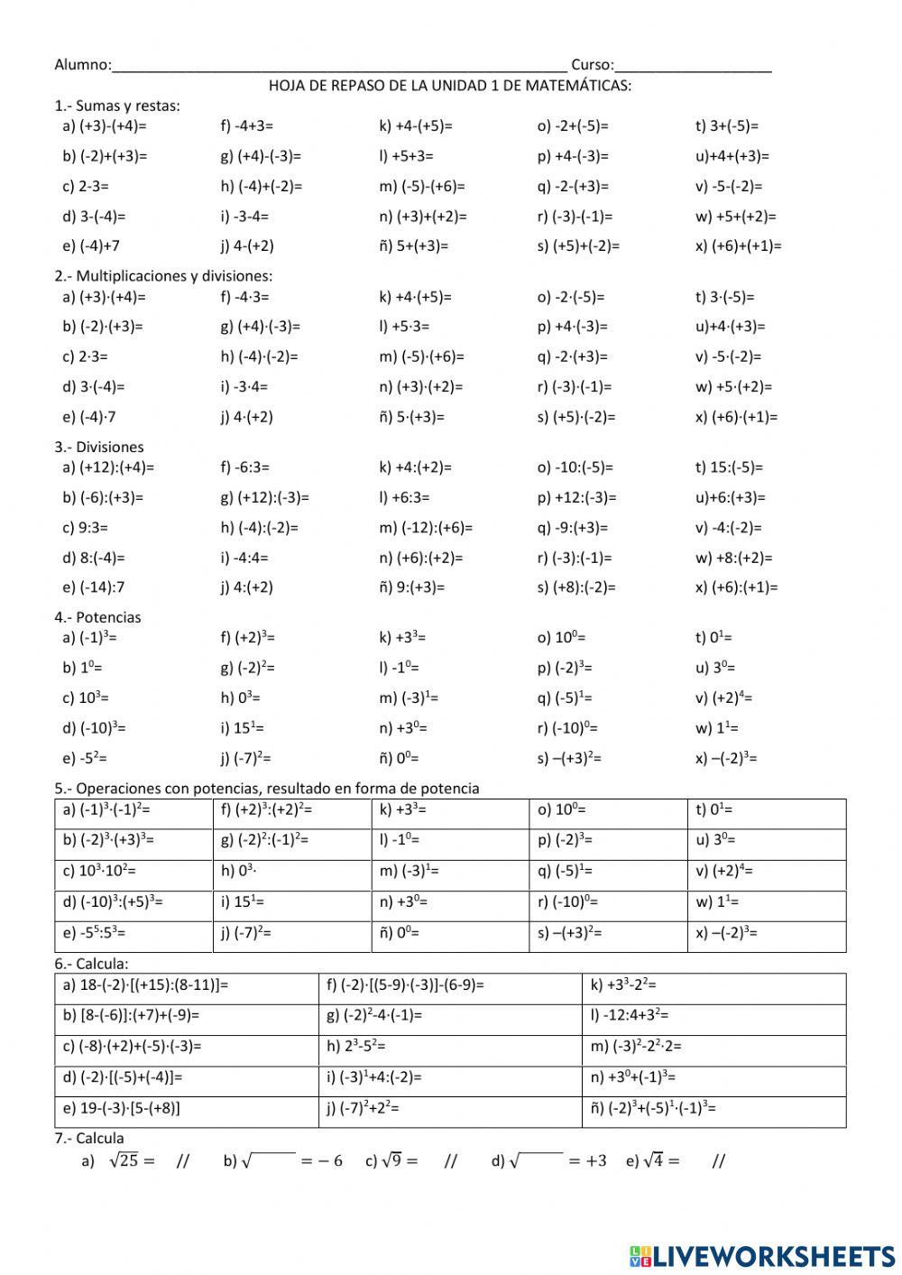 Hoja 1 repaso potencias enteros