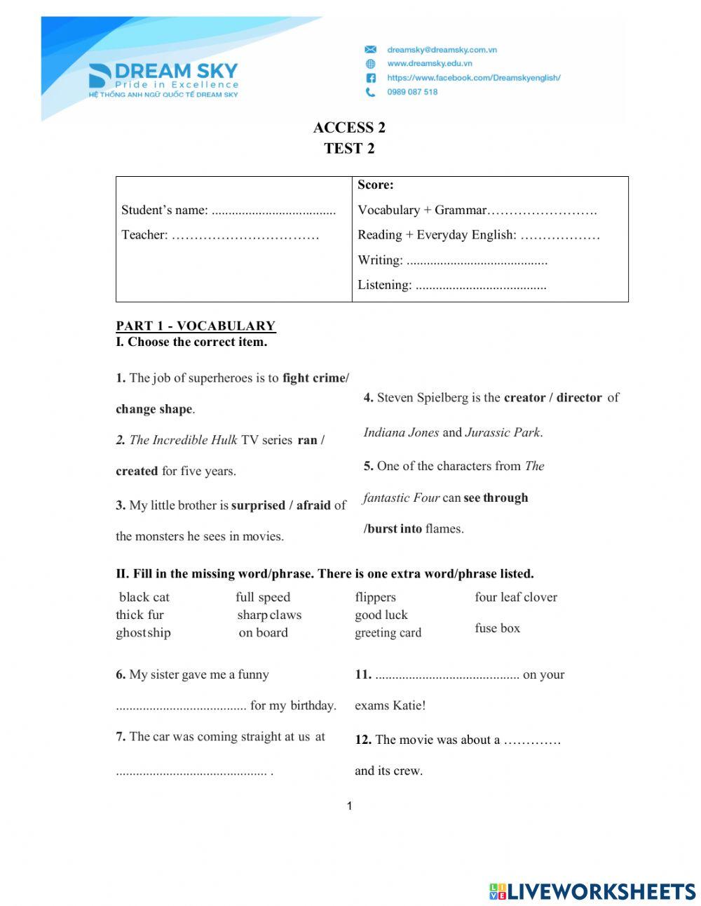 DS - Access 2 - Test 2 Vocab + Grammar