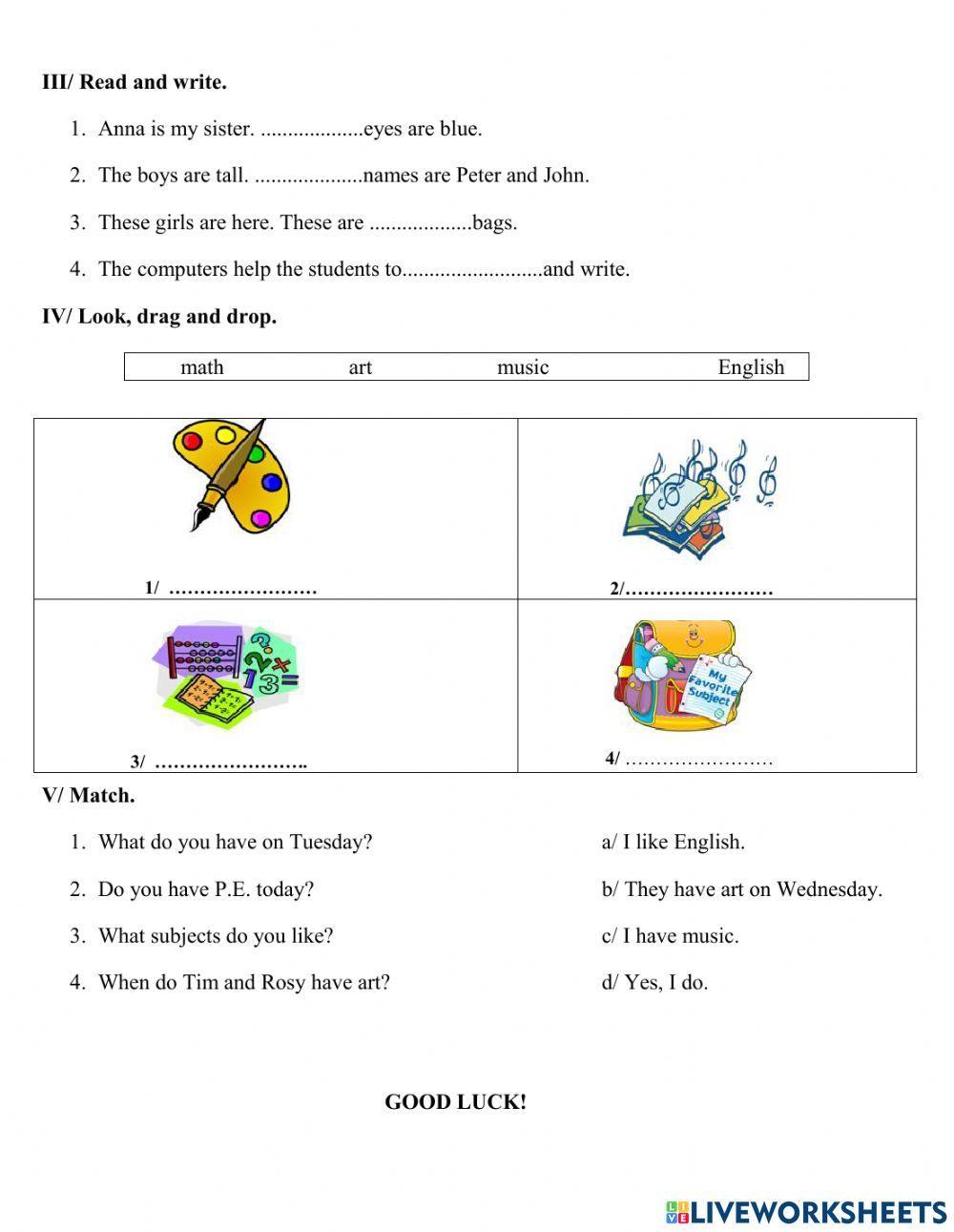 Exercise - Unit 4: We have English - Grade 4