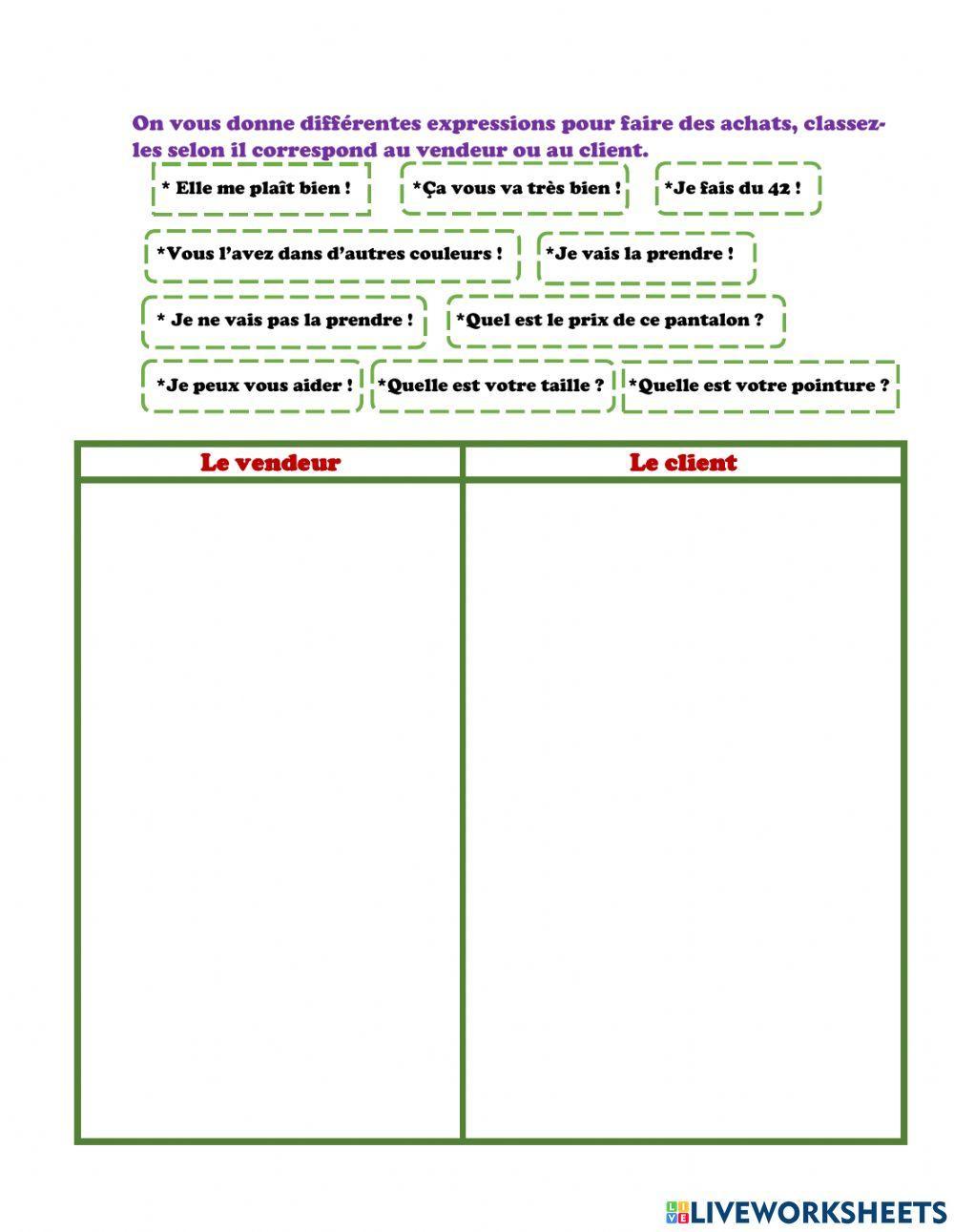 Expressions pour faire des achats Fiche 3