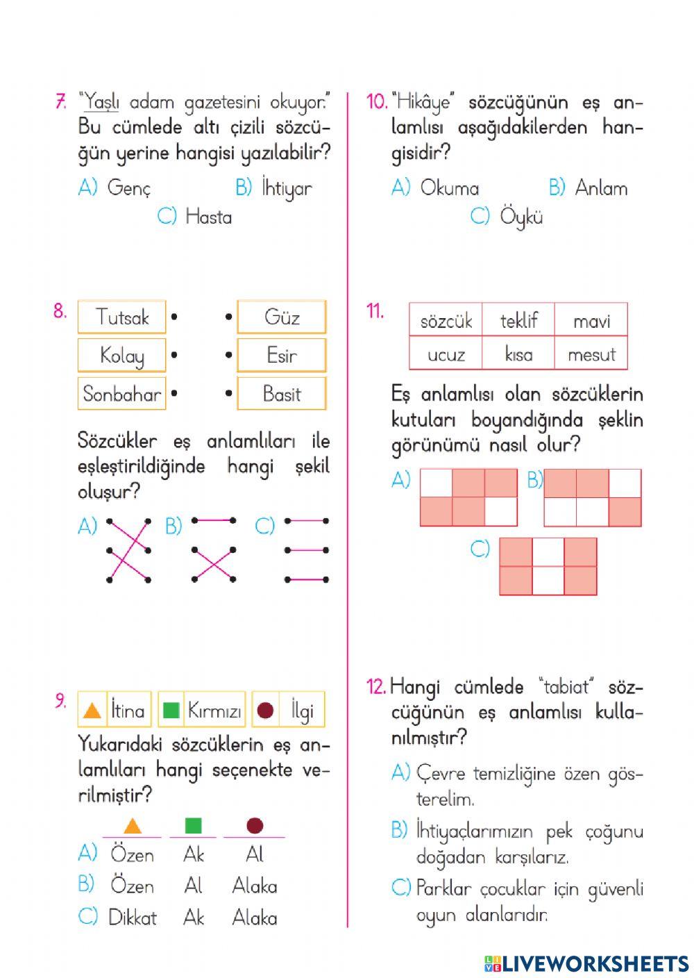 Eş Anlamlı Kelimeler Test