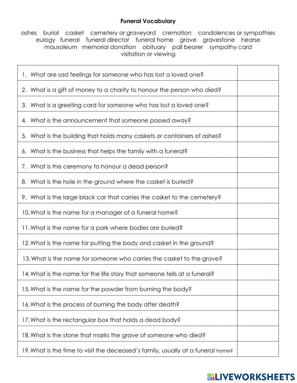 Vocabulary Exercise - Funerals