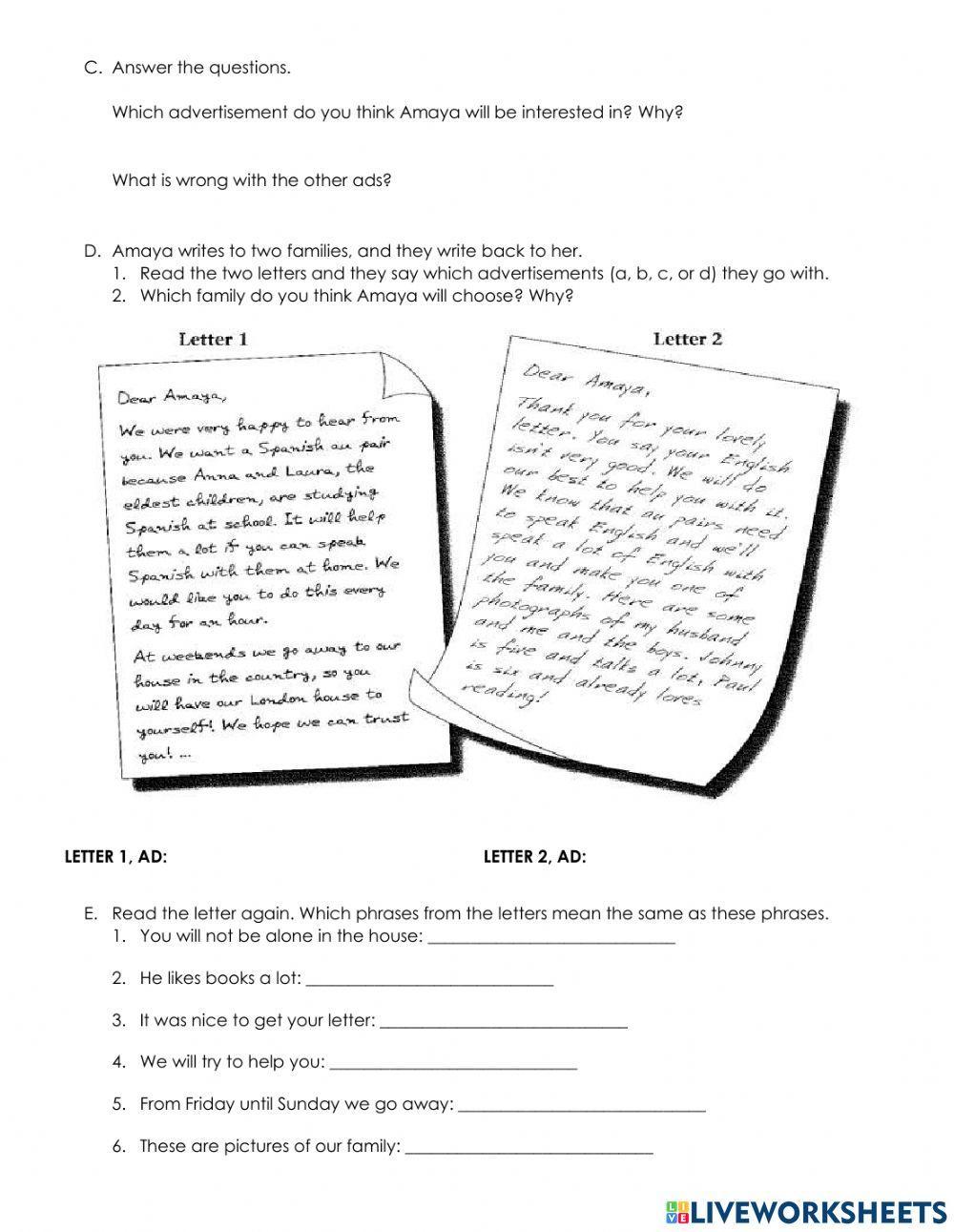 ESL for au pairs worksheets