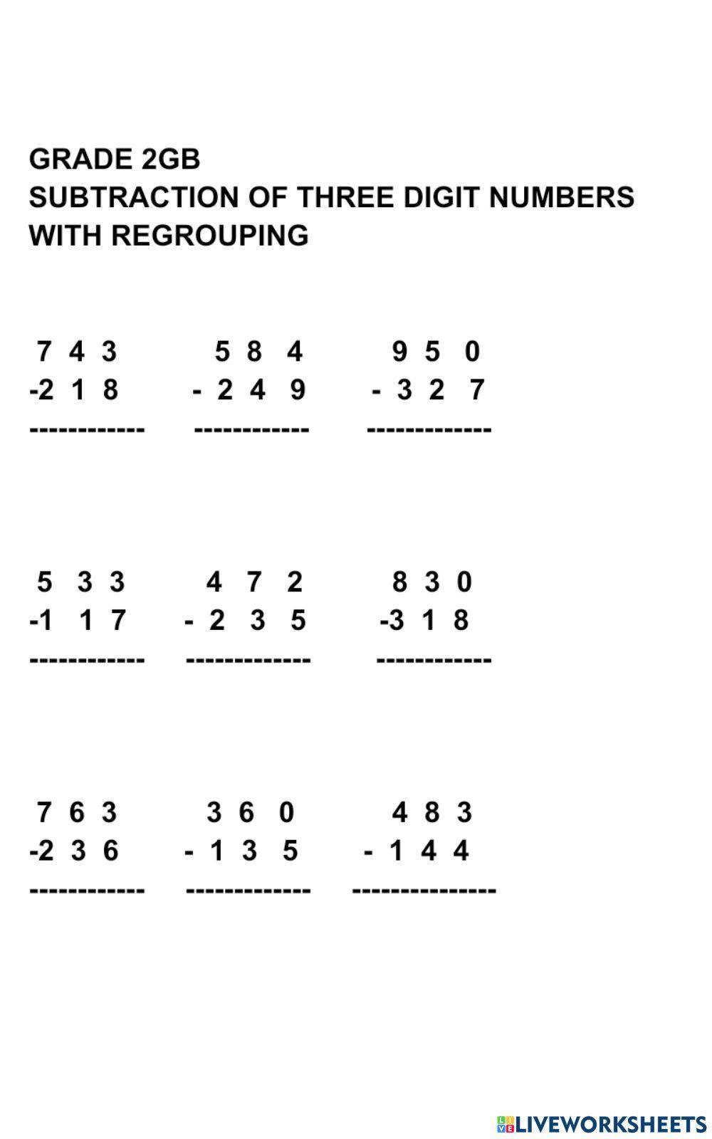 1601504 Subtraction of 3 digit numbers with renaming