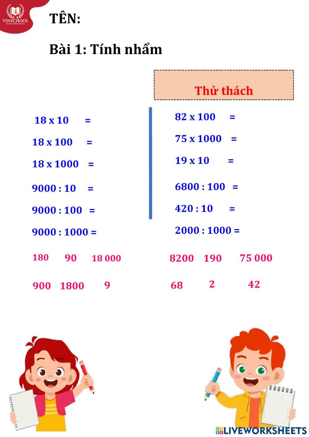 Nhân-Chia nhấm cho 10, 100, 1000, ...